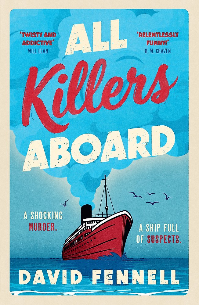 Book cover of 'All Killers Aboard' with a ship and text on a blue and beige background