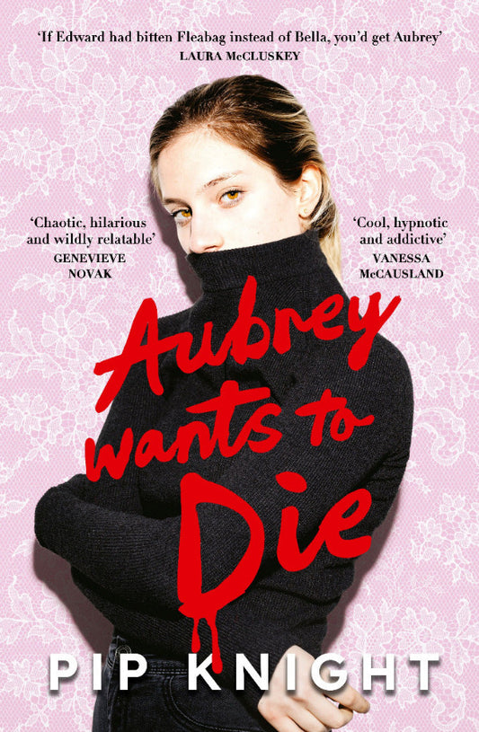 Book cover of 'Aubrey Wants to Die' with a person in a black sweater against a pink background.