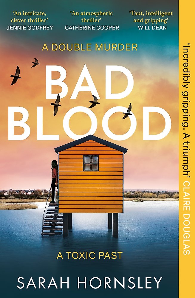 Book cover of 'Bad Blood' by Sarah Hornsley with a yellow house and birds on a blue background