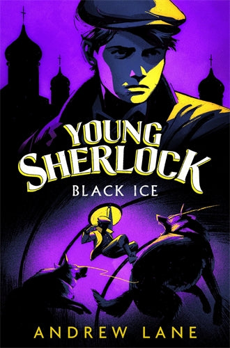 Book cover of 'Young Sherlock: Black Ice' with a stylized illustration of a character against a purple background.