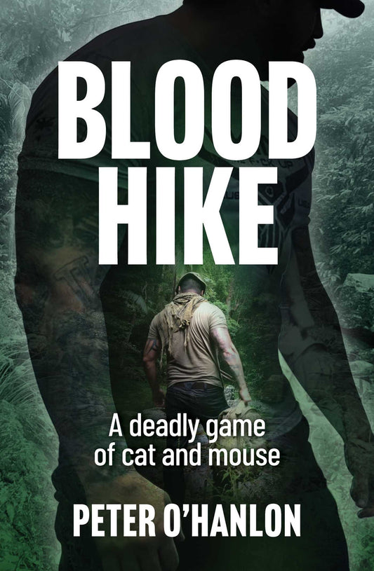 Book cover of 'Blood Hike' with a silhouette of a person in a forest.