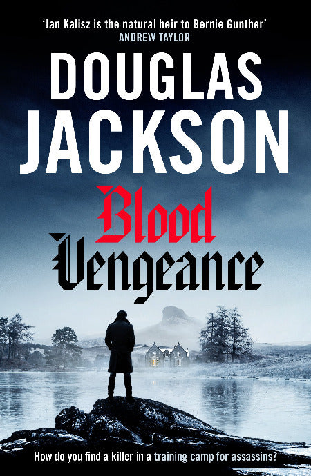 Book cover of 'Blood Vengeance' by Douglas Jackson with a person standing on a rock over water.