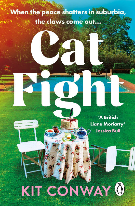 Book cover of 'Cat Fight' by Kit Conway with a garden scene and table setting.
