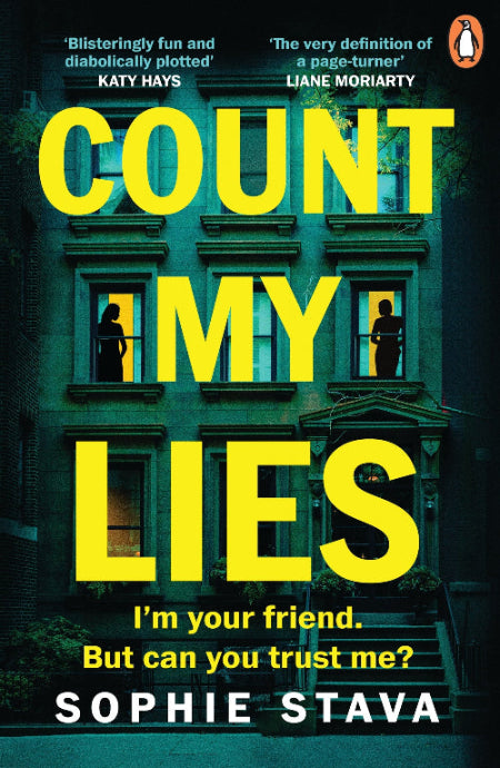 Book cover for 'Count My Lies' by Sophie Stava, featuring a dark green city building facade with silhouetted figures in windows and large yellow title text. The Penguin logo appears at the top right.