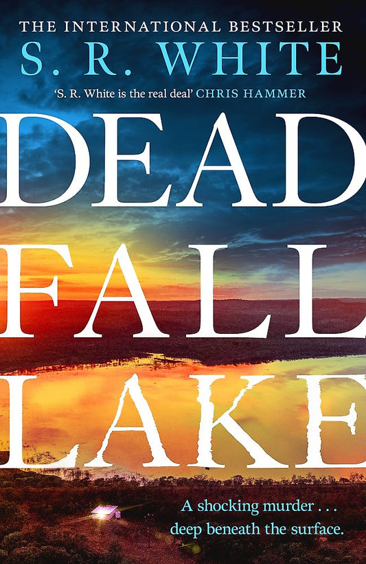 Book cover of 'Dead Fall Lake' by S.R. White with a sunset over a lake.