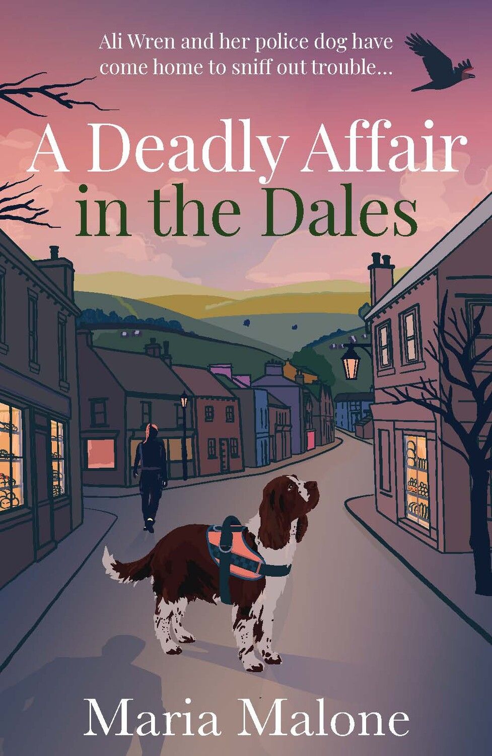 Book cover of 'A Deadly Affair in the Dales' with a dog on a street at dusk.