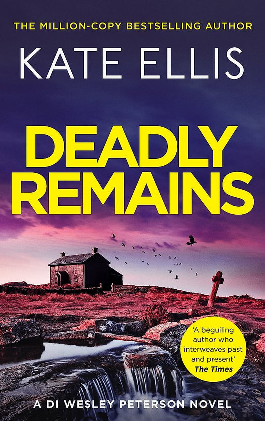 Book cover of 'Deadly Remains' by Kate Ellis with a purple landscape and house.