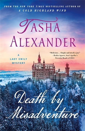 Book cover of 'Death by Misadventure' by Tasha Alexander with a castle and snowy landscape.