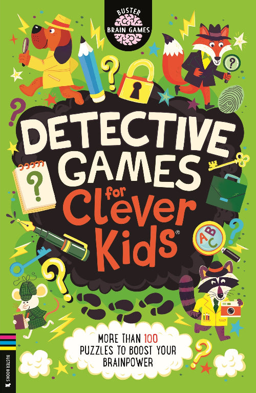 Book cover of 'Detective Games for Clever Kids' with colorful illustrations and text.