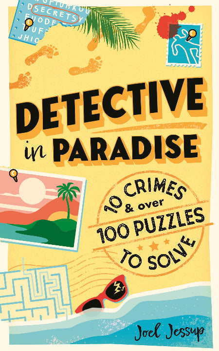 Book cover of 'Detective in Paradise' with tropical graphics and text about crimes and puzzles.