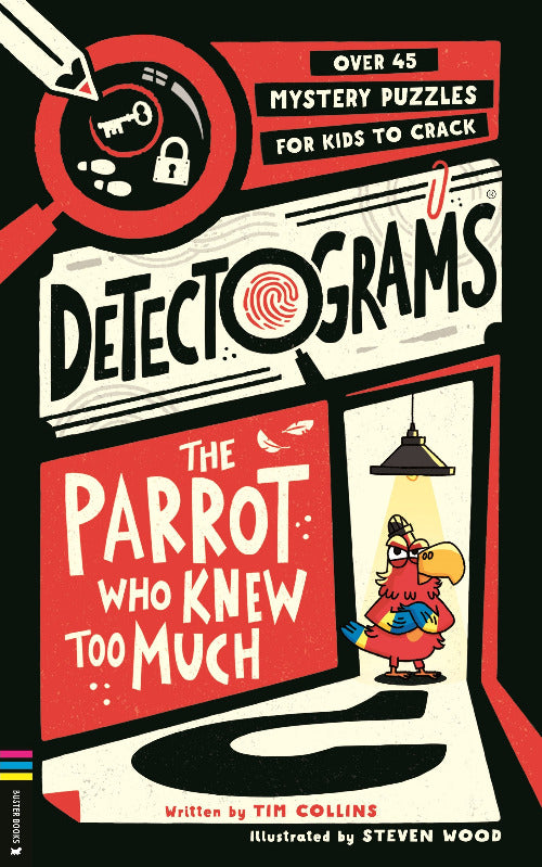 Book cover of 'Detectograms: The Parrot Who Knew Too Much' with a parrot illustration and text about mystery puzzles.