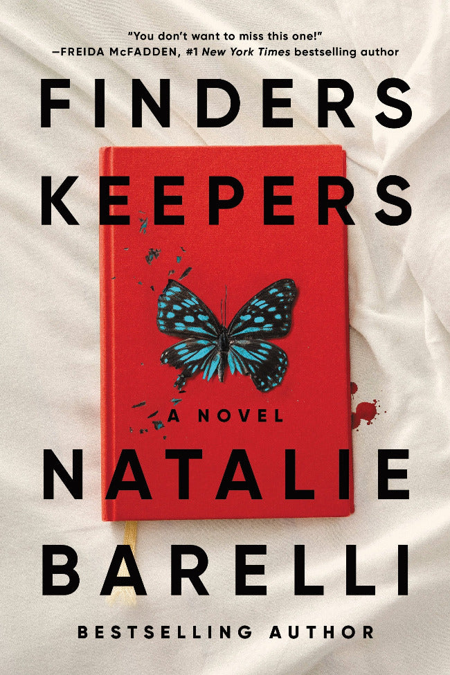 Book cover of Finders Keepers by Natalie Barelli shows a red book cover with a blue butterfly on it. 