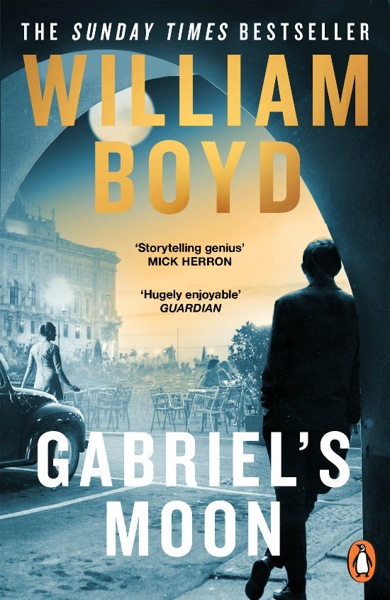 Book cover of 'Gabriel's Moon' by William Boyd with a silhouette of a man and city street scene.