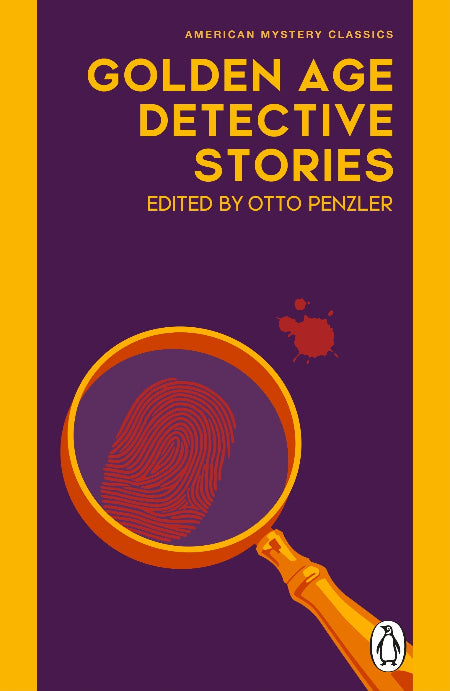 Book cover of 'Golden Age Detective Stories' with a magnifying glass and fingerprint on a purple and yellow background.