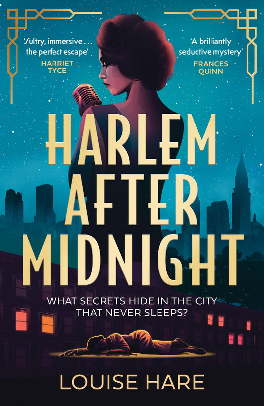 Book cover of 'Harlem After Midnight' with a woman holding a microphone and city skyline.