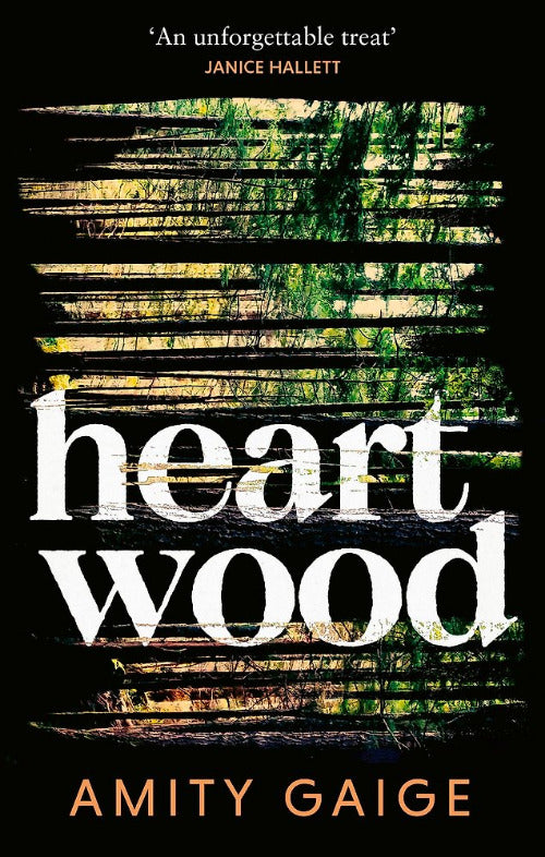 Book cover for 'heart wood' by Amity Gaige, featuring a black background with a blurred forest scene in green and brown tones, large white title text, and the author's name in orange at the bottom.