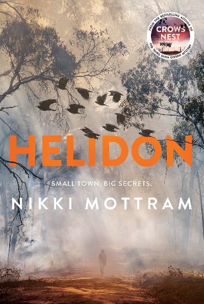 Book cover of 'Helidon' by Nikki Mottram with a silhouette of a person walking on a path through trees.