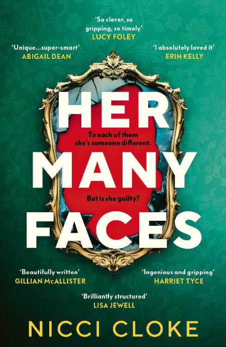 Book cover of 'Her Many Faces' with a mirror and red square design on a green background.