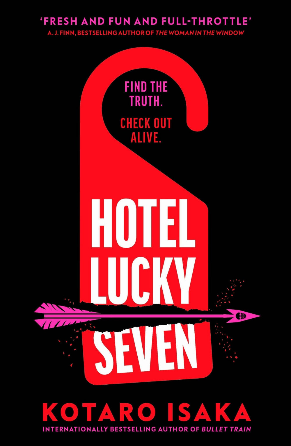Book cover of 'Hotel Lucky Seven' with a red door handle and pink text on a black background.