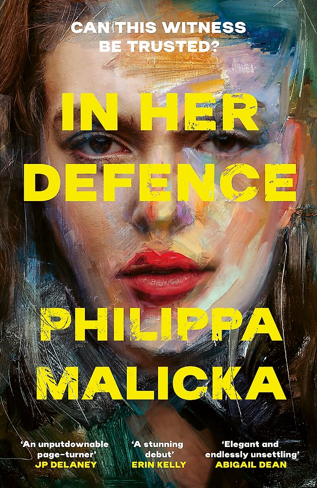 Book cover of 'In Her Defence' by Philippa Malicka with a stylized face and text.