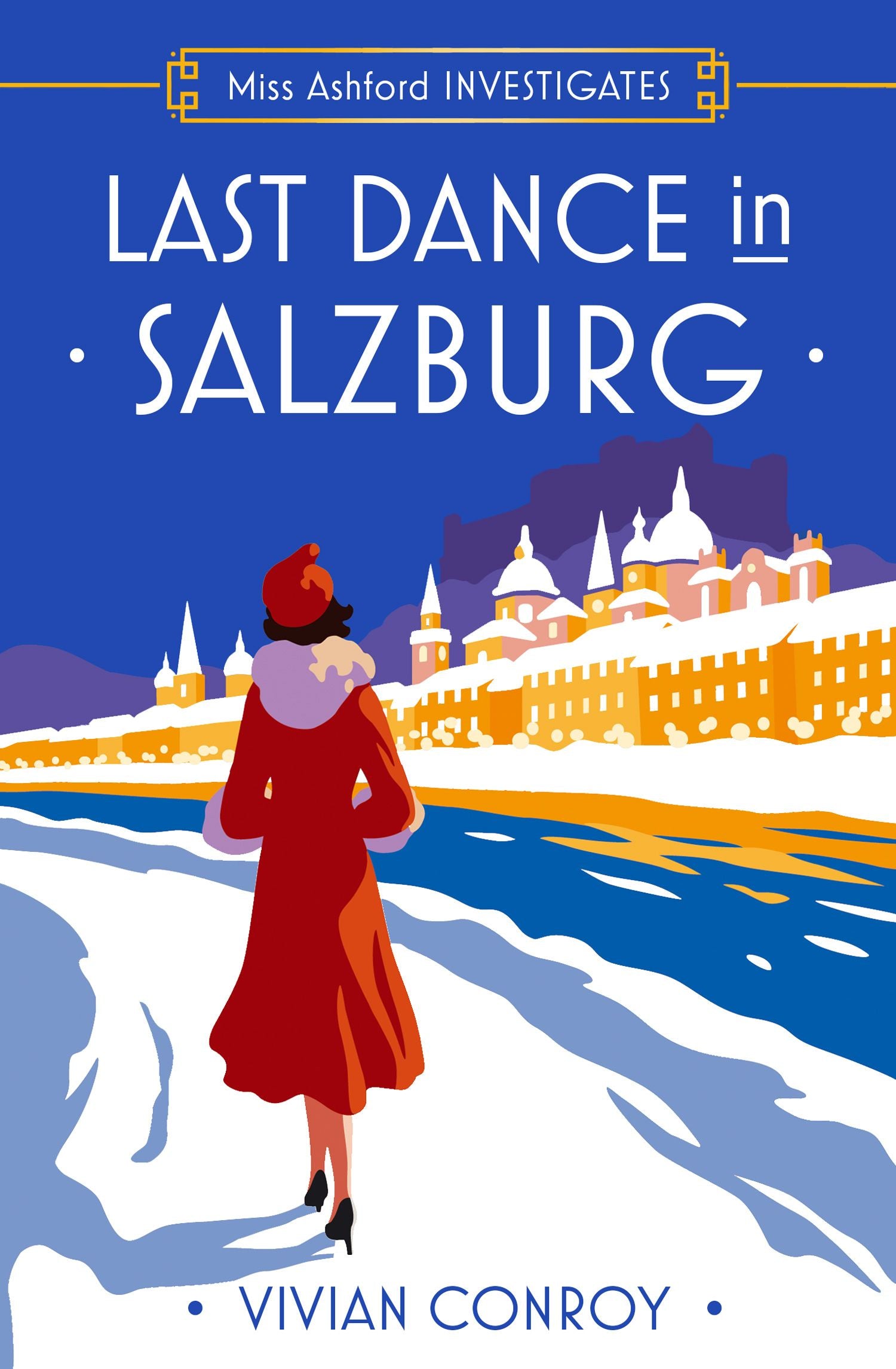 Book cover of 'Last Dance in Salzburg' by Vivian Conroy with a woman in a red coat and snowy cityscape.