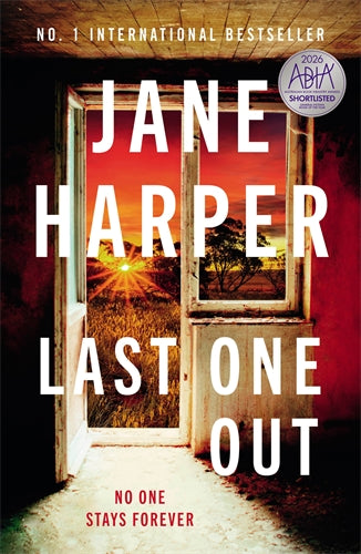 Book cover for Jane Harper's 'Last One Out' featuring a dark red and black background with a central doorway opening onto a sunset landscape. Large white text displays the author's name and title, with a silver ABY award sticker in the top right.