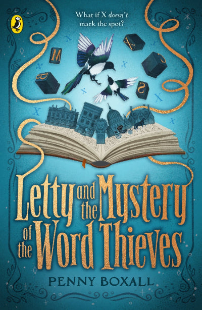 Book cover of 'Letty and the Mystery of the Word Thieves' by Penny Boxall with an open book and birds on a blue background.