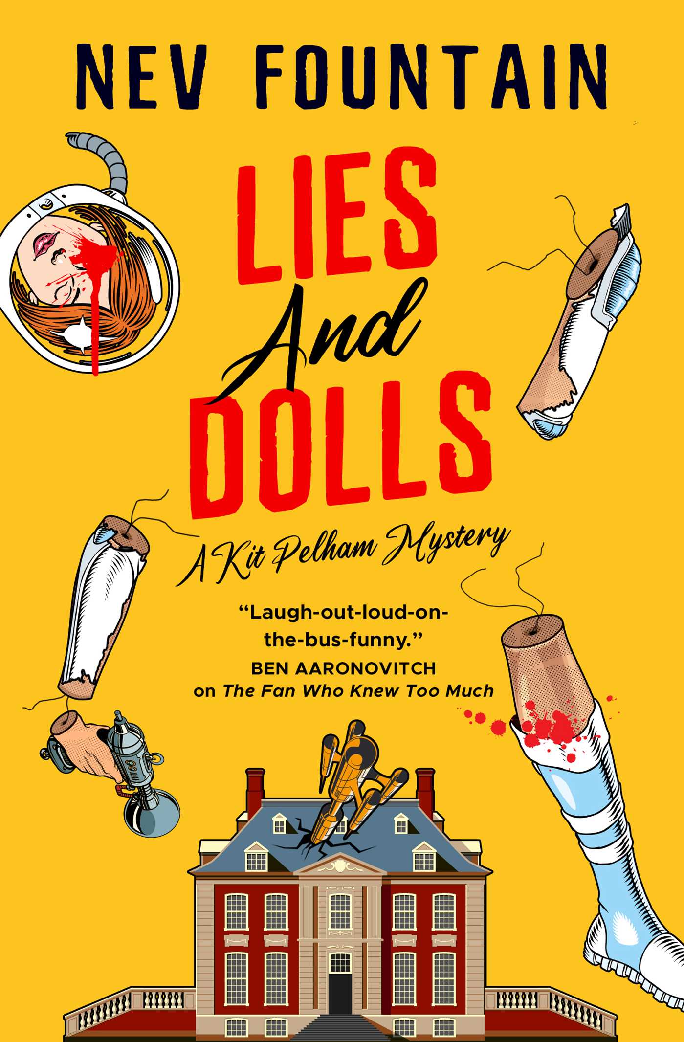 Book cover of 'Lies and Dolls' by Nev Fountain with illustrations and text on a yellow background