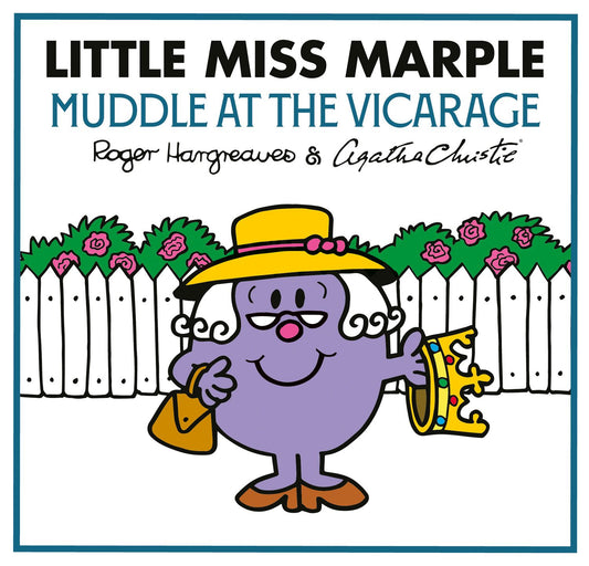 Book cover of 'Little Miss Marple: Muddle at the Vicarage' with a cartoon character holding a crown.