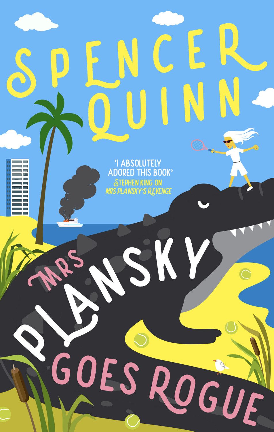 Book cover of 'Mrs. Plansky Goes Rogue' by Spencer Quinn with a cartoon alligator and person on a hill.
