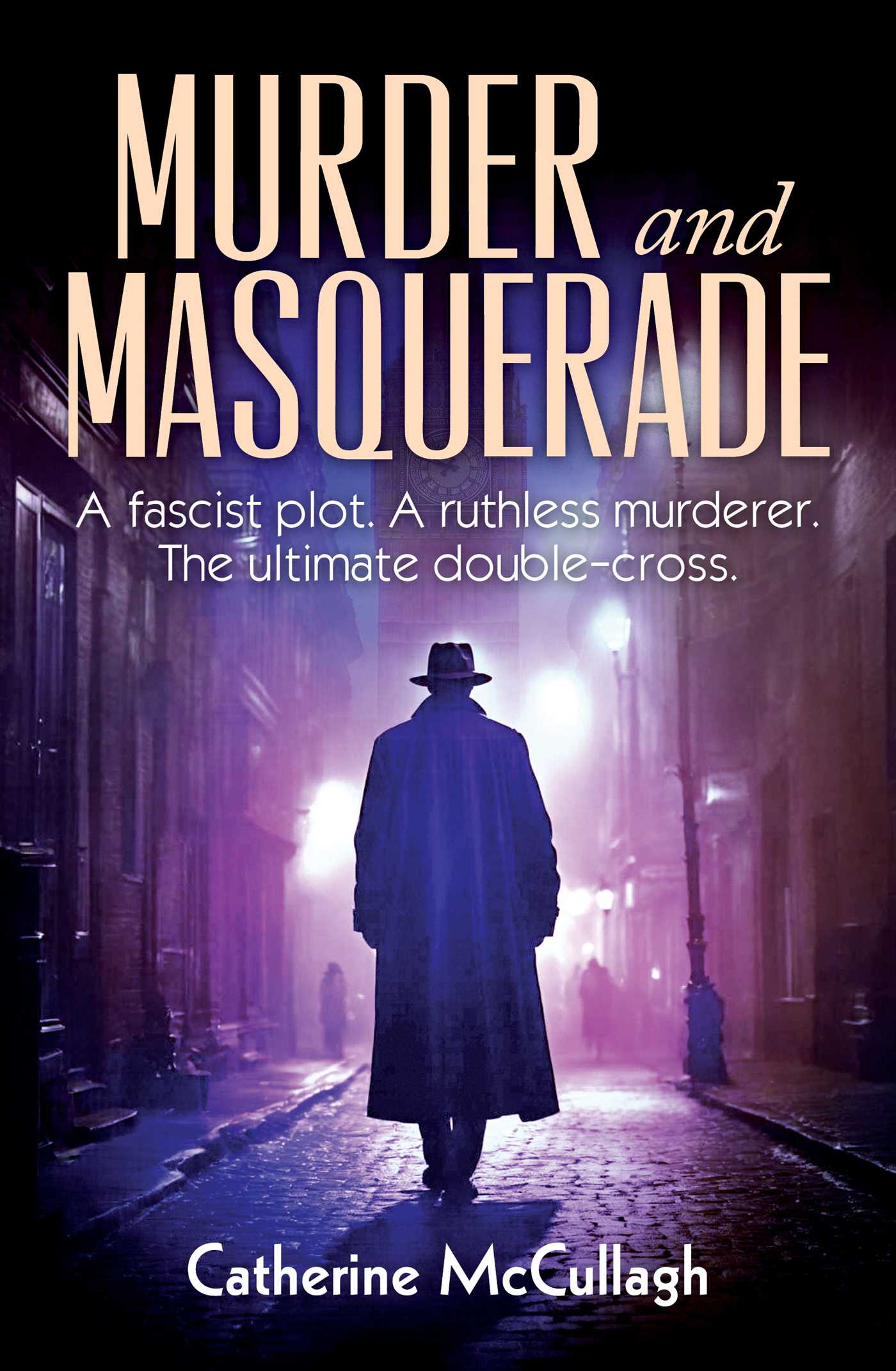 Book cover of 'Murder and Masquerade' with a silhouette of a person in a coat and hat walking down a dark street.