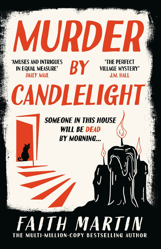 Book cover of 'Murder by Candlelight' with candles, a cat, and text on a white background