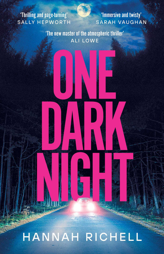 Book cover of 'One Dark Night' with a dark road scene and pink text.