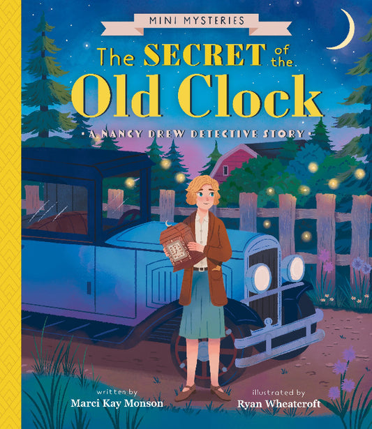 Book cover of 'The Secret of the Old Clock' featuring a girl with a book and a vintage car at night.