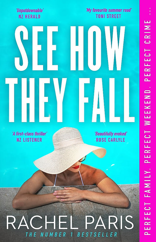 Book cover of 'See How They Fall' by Rachel Paris with a woman in a sun hat against a blue background.