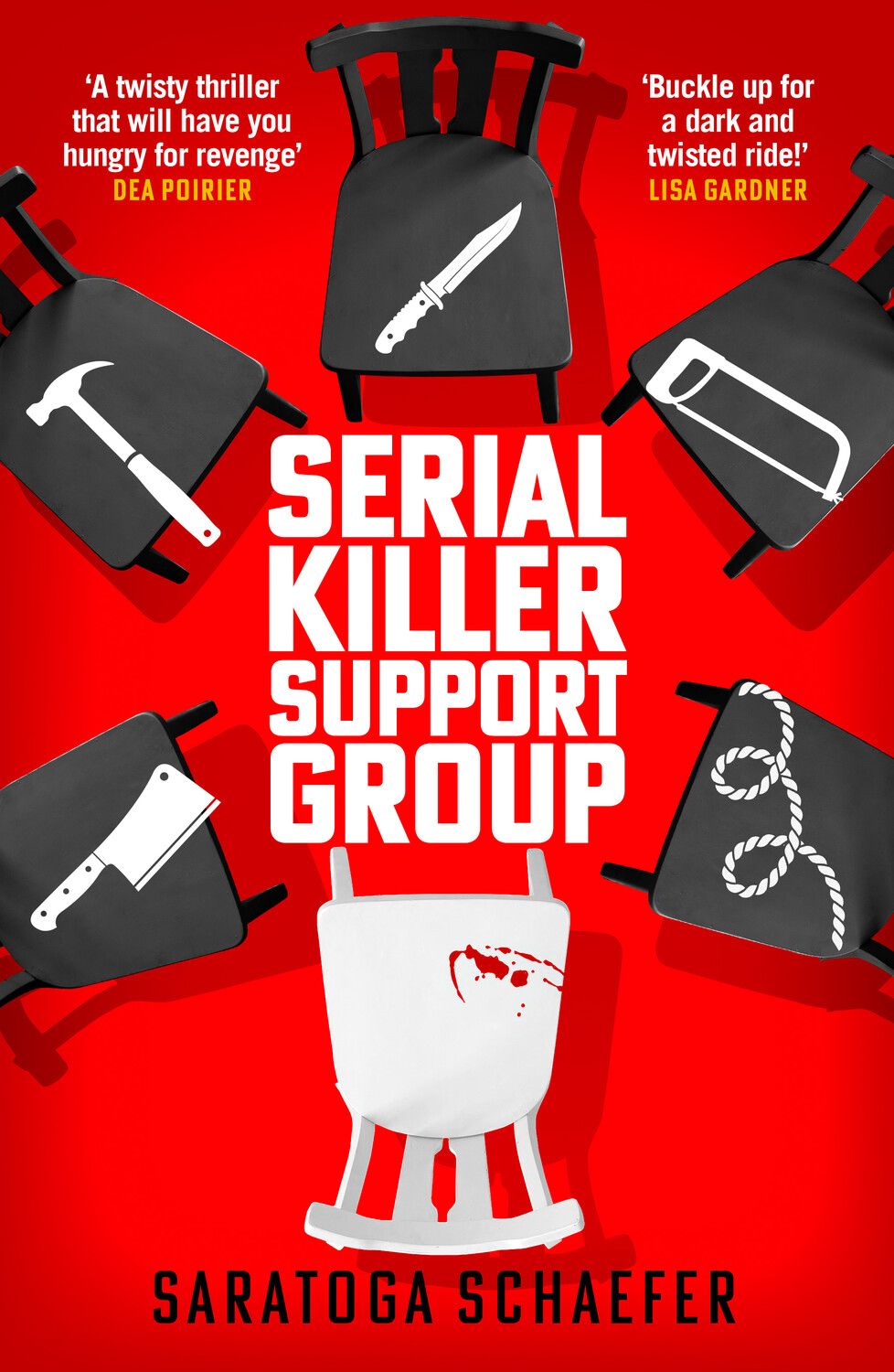 Book cover of 'Serial Killer Support Group' with chairs and凶器 icons on a red background