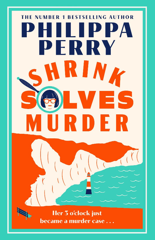 Book cover of 'Shrink Solves Murder' by Philippa Perry with a lighthouse and sea illustration.