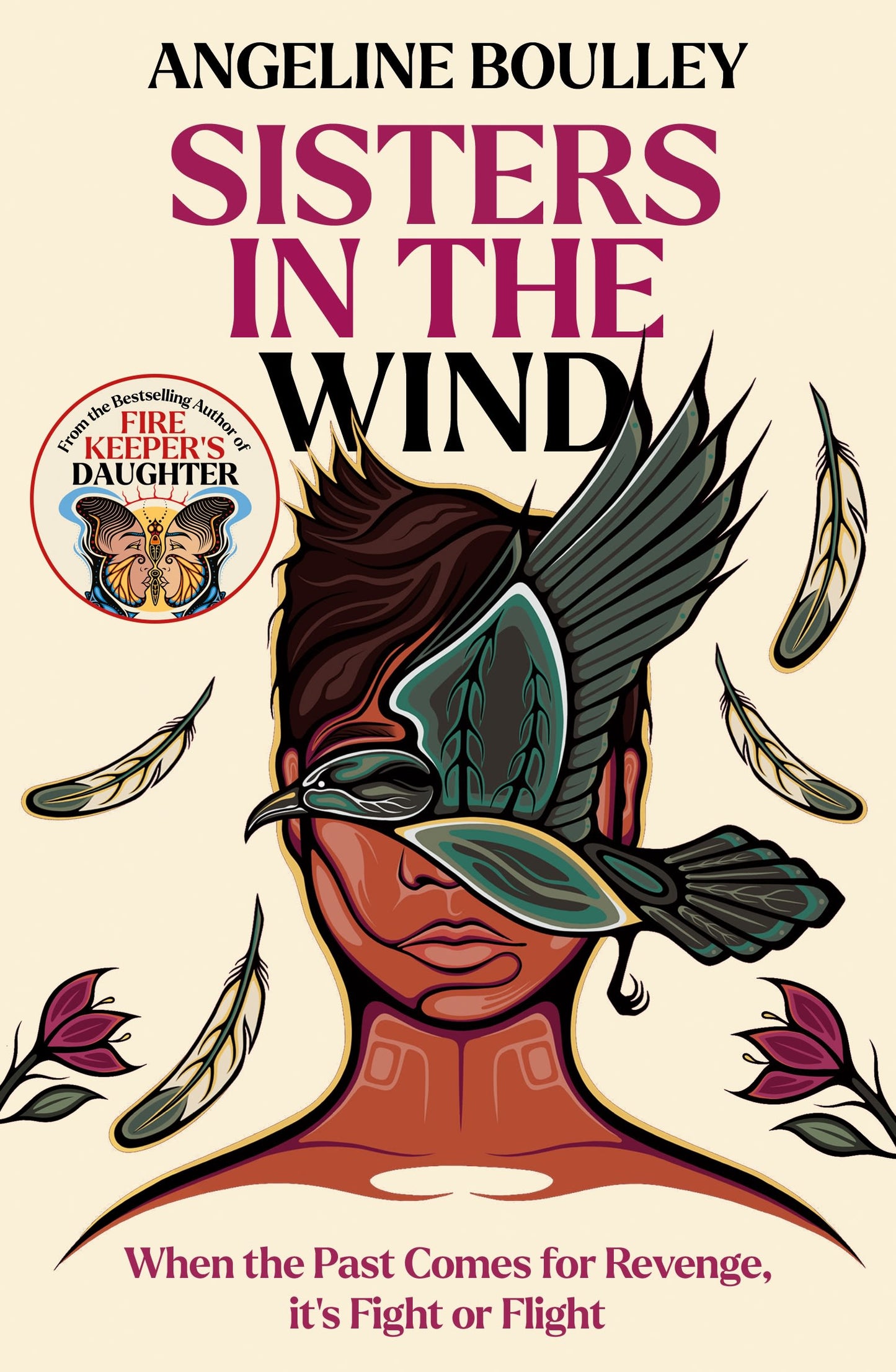 Book cover of 'Sisters in the Wind' by Angeline Boulley with a stylized illustration of a woman's face and feathers.