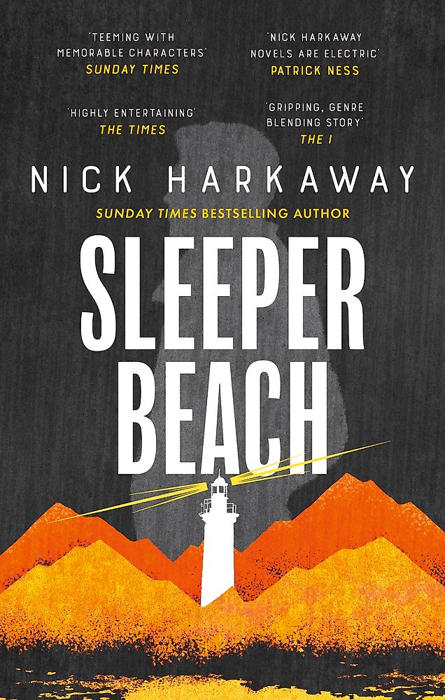 Book cover of 'Sleeper Beach' by Nick Harkaway with a lighthouse and mountainous landscape.
