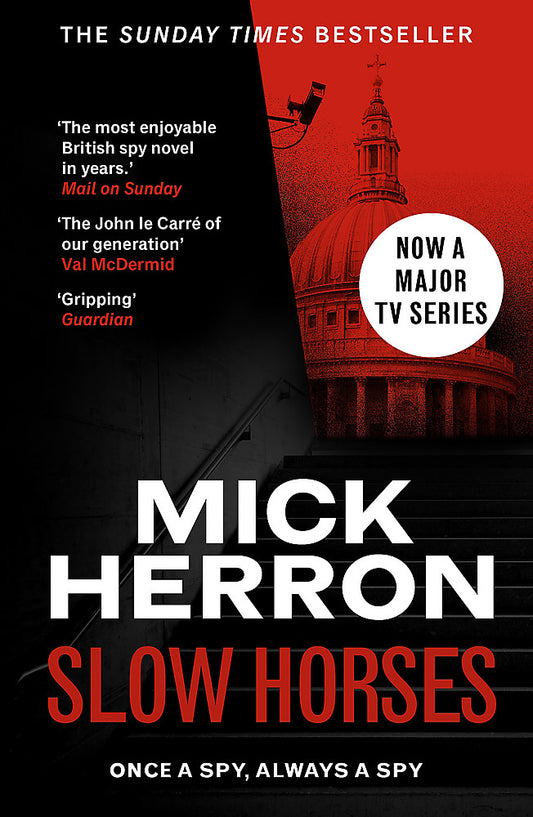 Book cover of 'Slow Horses' by Mick Herron with a red and black design.