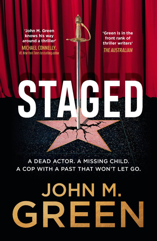 Book cover of 'Staged' by John M. Green with a sword and star design.