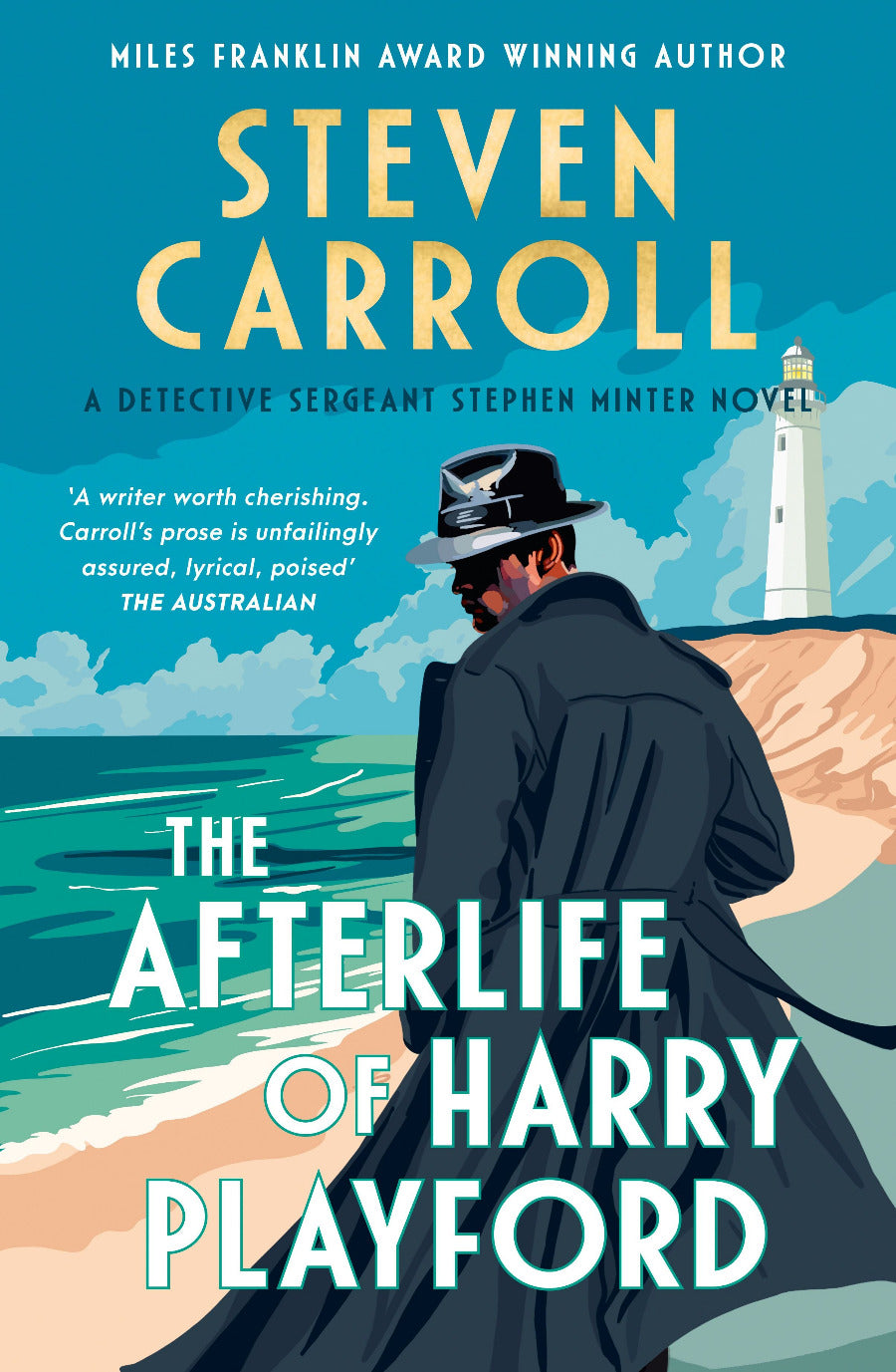 Book cover of 'The Afterlife of Harry Playford' by Steven Carroll with a man and lighthouse illustration.