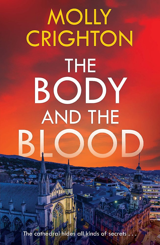 Book cover for 'The Body and the Blood' by Molly Crighton, featuring a dramatic red and orange sky over a cityscape with a cathedral in the foreground, and the title and author name in large text.