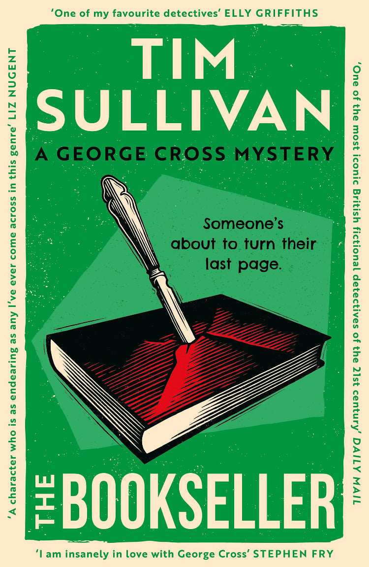 Book cover of 'The Bookseller' by Tim Sullivan with a green background and book illustration.