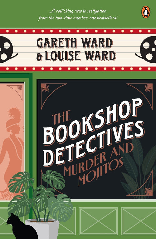 Book cover of 'The Bookshop Detectives: Murder and Mojitos' by Gareth Ward and Louise Ward with a decorative border and plant.