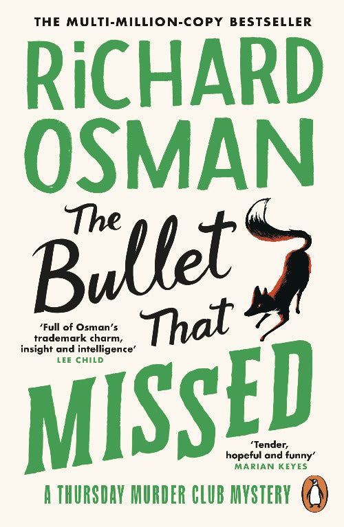 Book cover of 'The Bullet That Missed' by Richard Osman with a dog illustration.