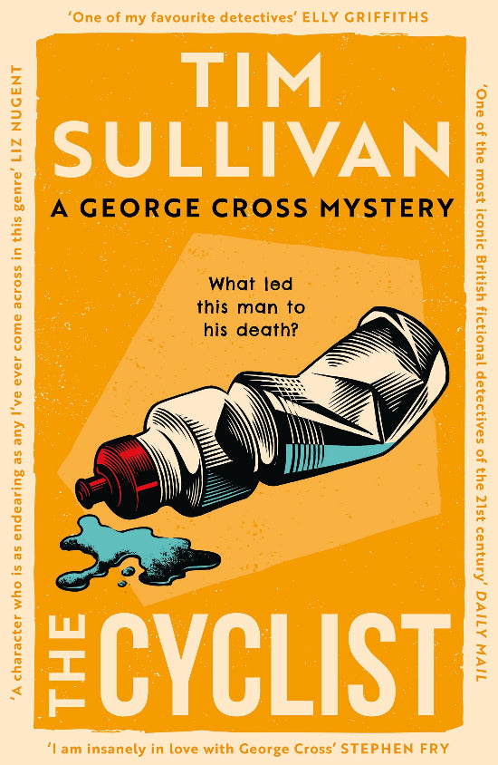 Book cover of 'The Cyclist' by Tim Sullivan with a stylized illustration of a bottle and blue liquid.