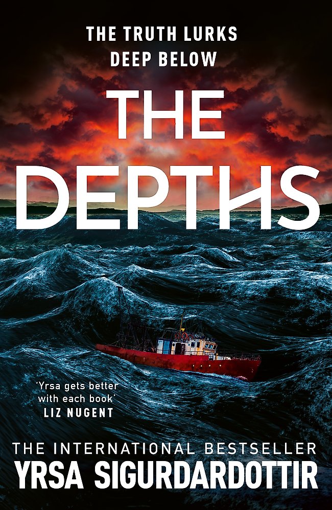 Book cover for 'The Depths' by Yrsa Sigurdardottir, featuring a dramatic ocean scene with a red fishing boat under a fiery orange and dark blue sky, with large white title text.