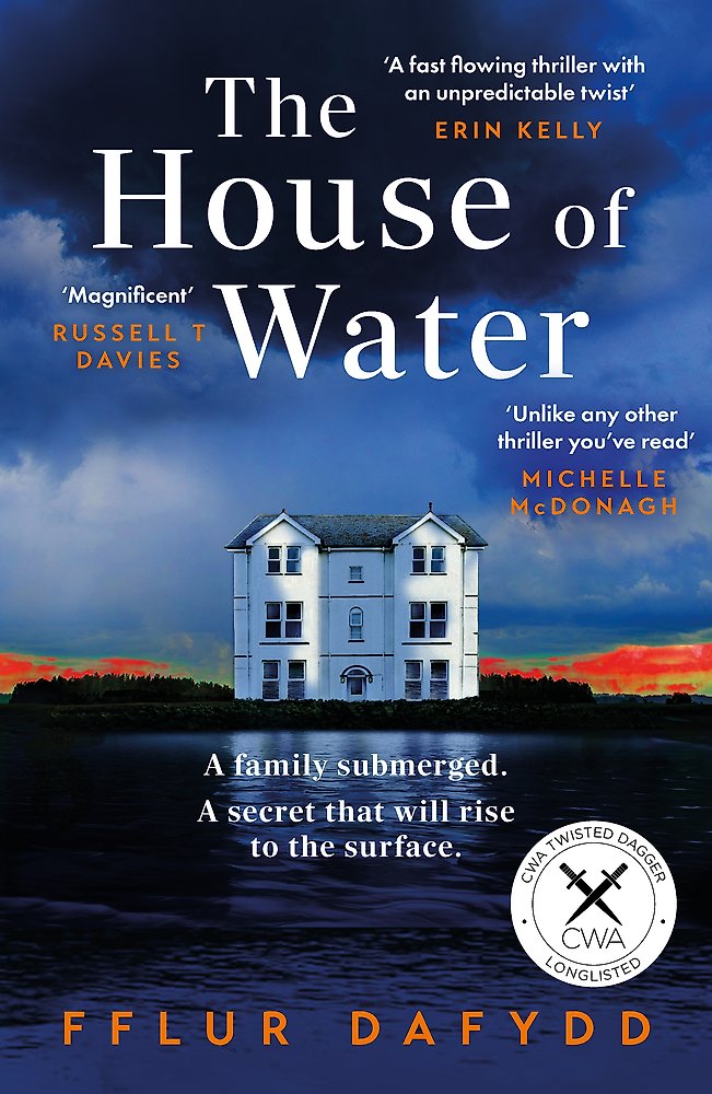 Book cover of 'The House of Water' with a house on water and colorful sky.