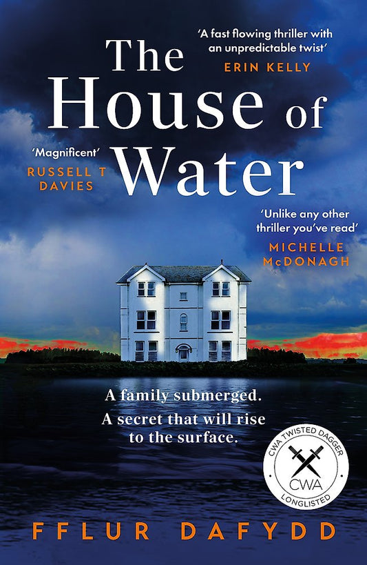 Book cover of 'The House of Water' with a house on water and colorful sky.